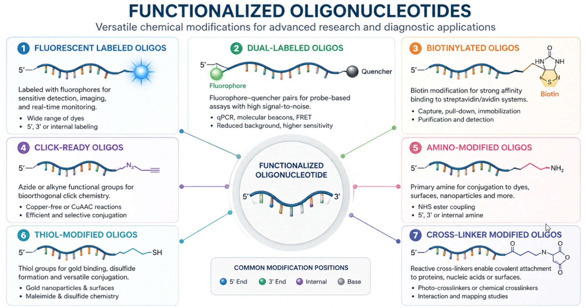 Conjugation handle oligonucleotide modifications including click chemistry, amino, thiol, carboxyl, carbonyl, and bioorthogonal functional groups