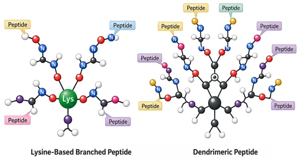 Branched peptide synthesis schematic showing a lysine branching core with two to eight peptide arms (MAP-2, MAP-4, MAP-8) and dendrimer for multivalent epitope presentation.