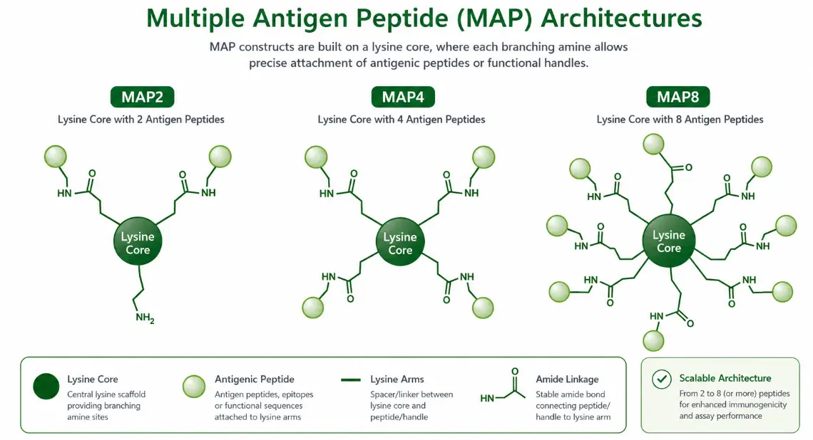 Multiple Antigen Peptide architectures showing lysine-core MAP2, MAP4, and MAP8 branching structures.